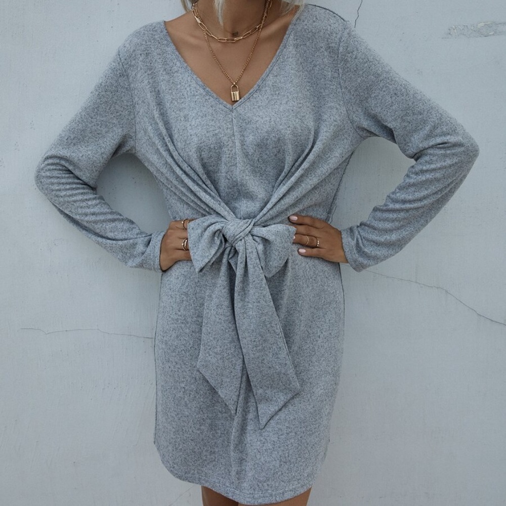 Boho Grey V neck Knot Front Long Sleeve Dress - Picture 2 of 5